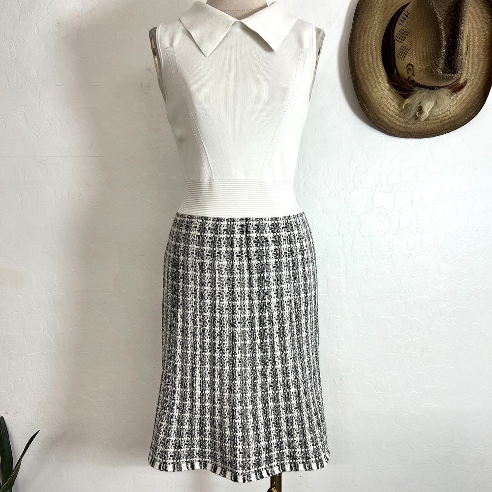 Ted Baker London DIVEENA Knit Bodice Tweed Skirt Dress Off-White Black Sz 0 US 2
